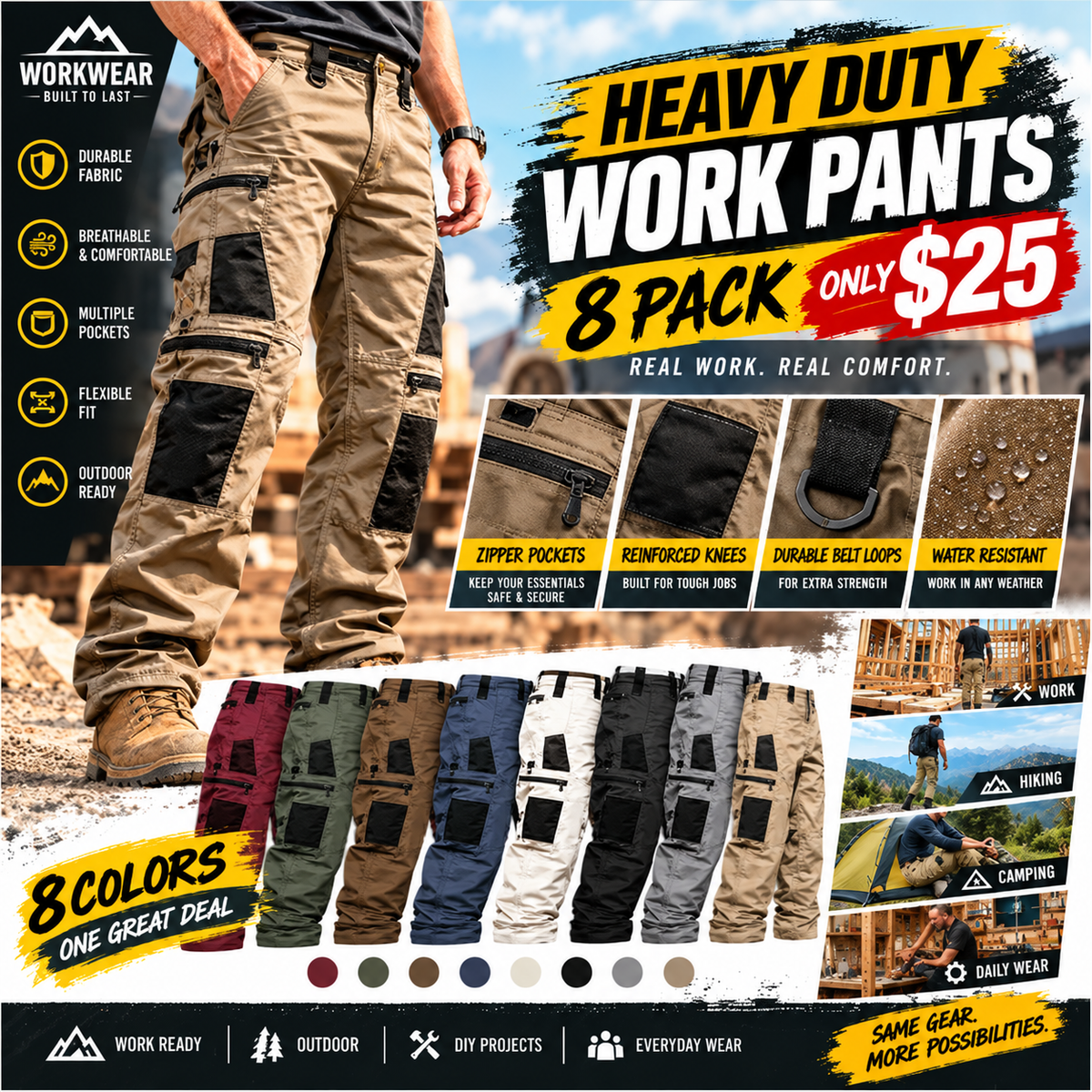 8-Pack(All colors) Men's 8-Pack Unisex 10-Pocket Heavy Duty zipper waterproof tactical Work Pants