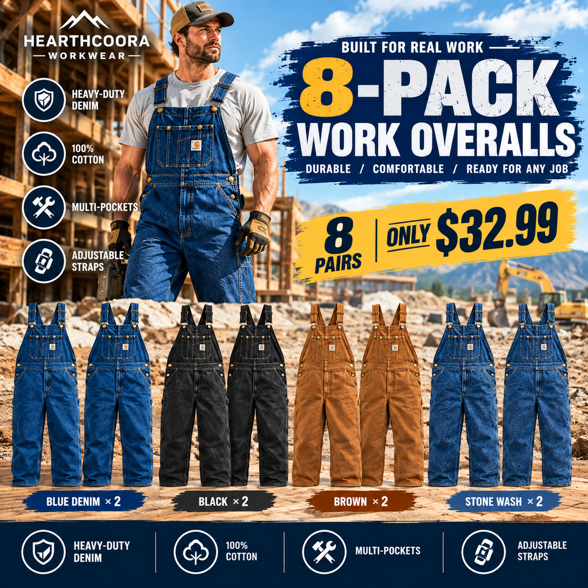 Men's 13.5 oz Cotton Denim Bib Overalls – 83294-Style Heavy-Duty Workwear with Adjustable Straps & Tool Pockets