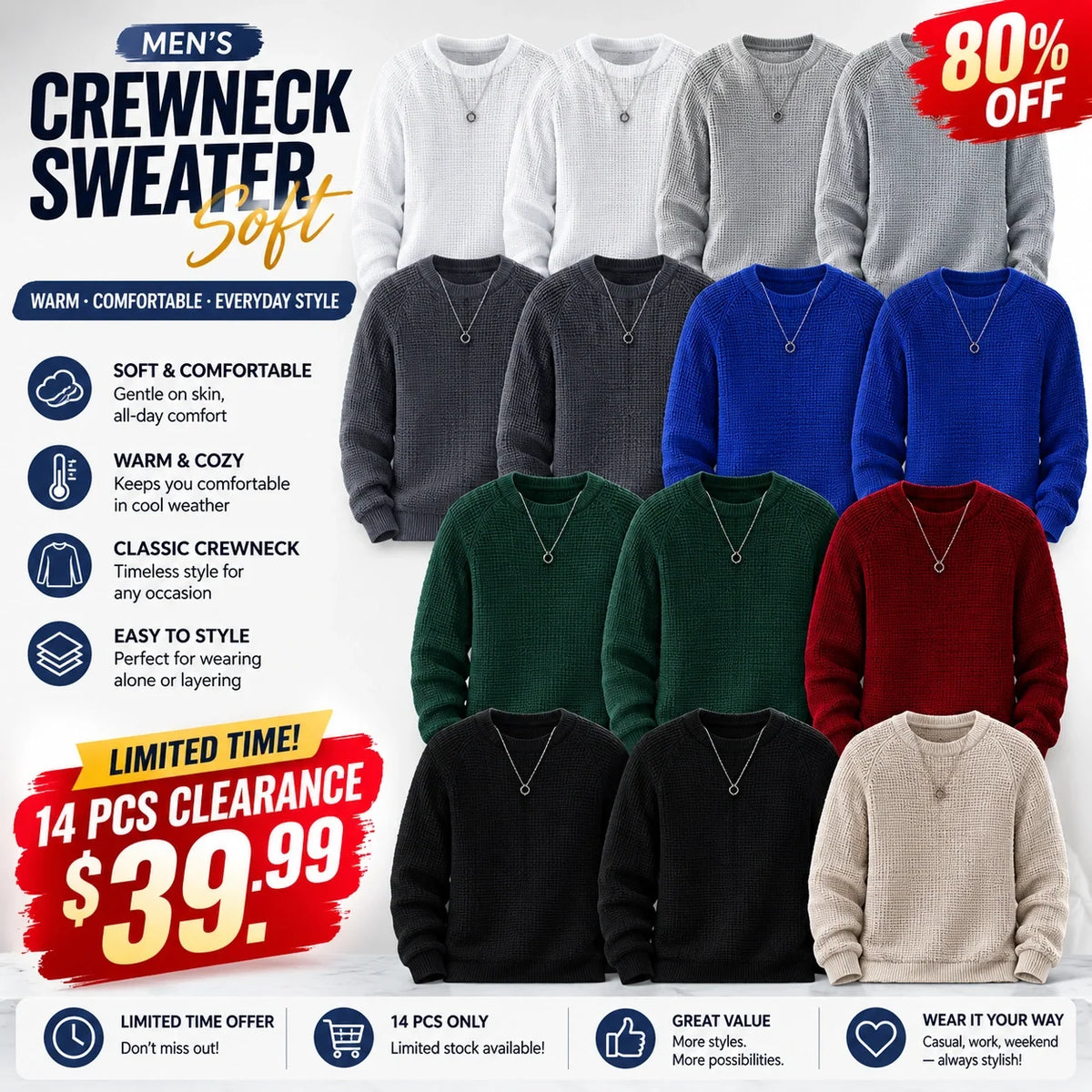 ✨Limited-Time Offer🎁Men's Crewneck Sweater Soft Casual Sweaters Classic Long Sleeve Pullover Sweaters with Ribbing Edge