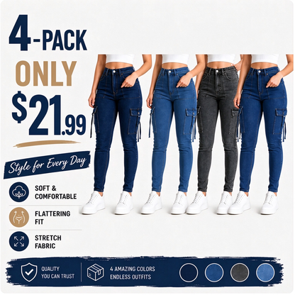 🔥MID YEAR SALE🔥Women's Plain Multi-pocket Denim Elastic Slim Fit Button Cargo Denim Pants