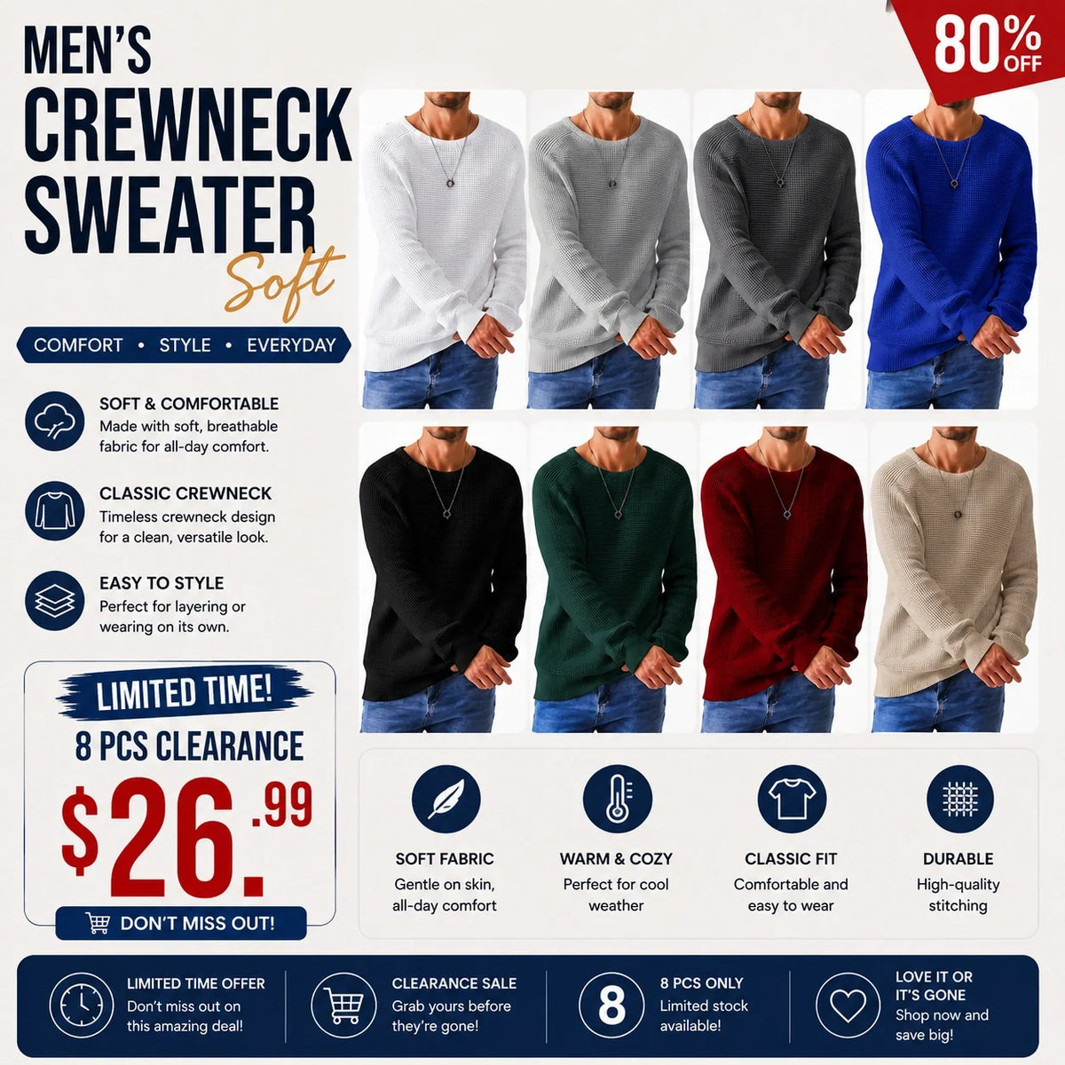 ✨Limited-Time Offer🎁Men's Crewneck Sweater Soft Casual Sweaters Classic Long Sleeve Pullover Sweaters with Ribbing Edge