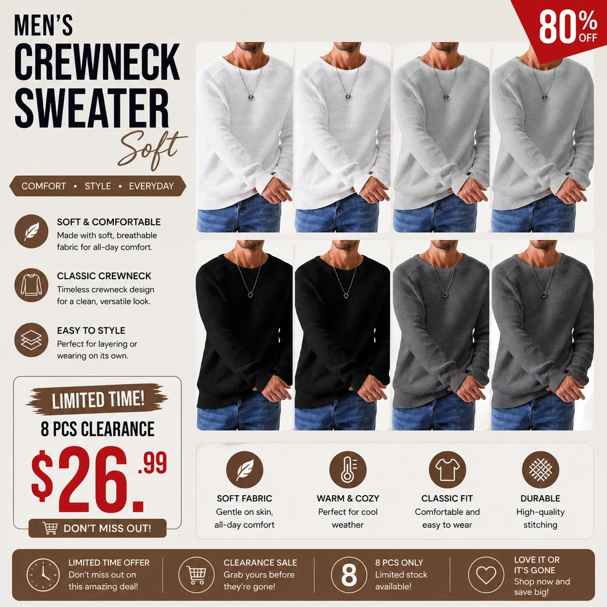 ✨Limited-Time Offer🎁Men's Crewneck Sweater Soft Casual Sweaters Classic Long Sleeve Pullover Sweaters with Ribbing Edge