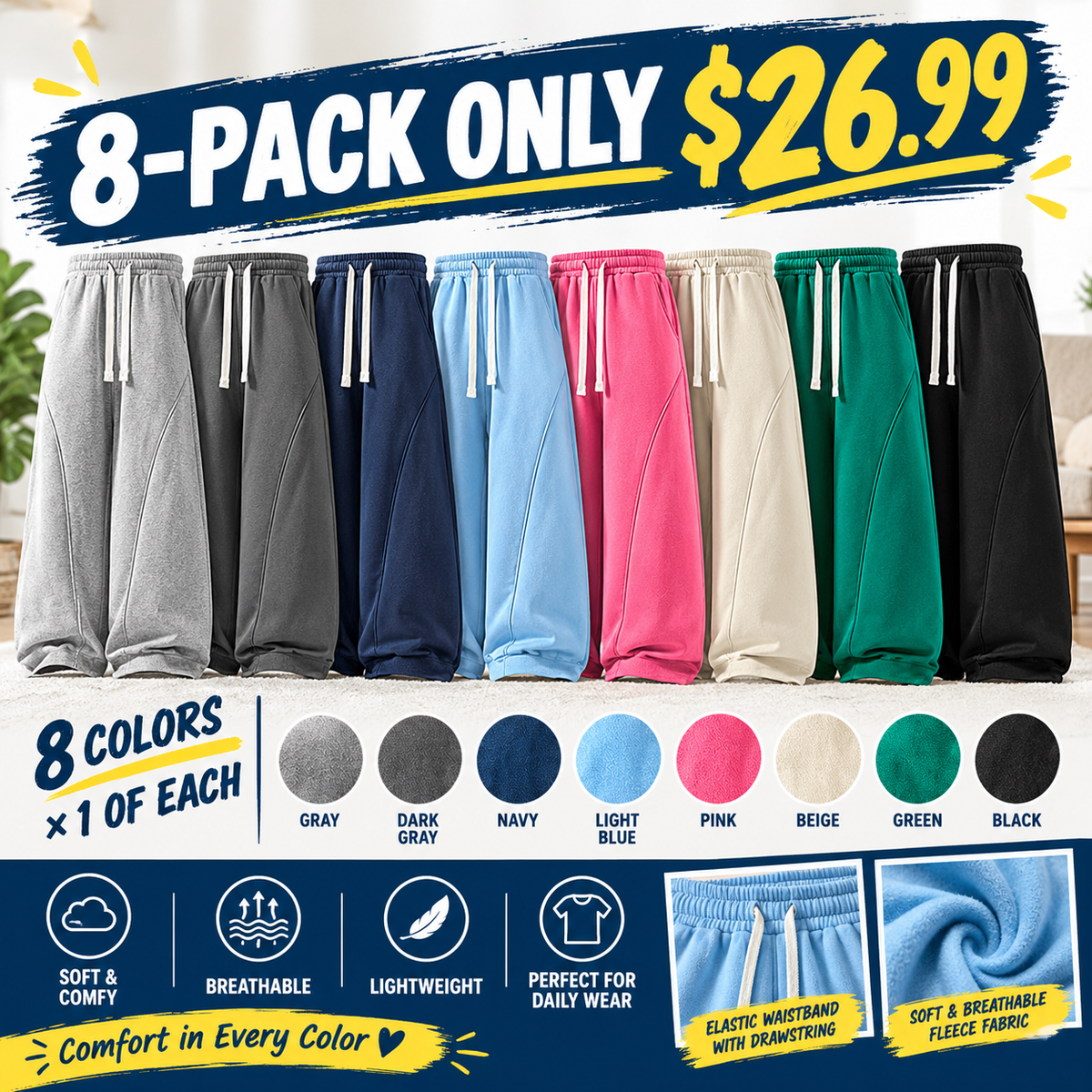 Unisex Fleece-Lined Warm Athletic Pants – Plus-Size Loose-Fit Casual Trousers with Drawstring Waist