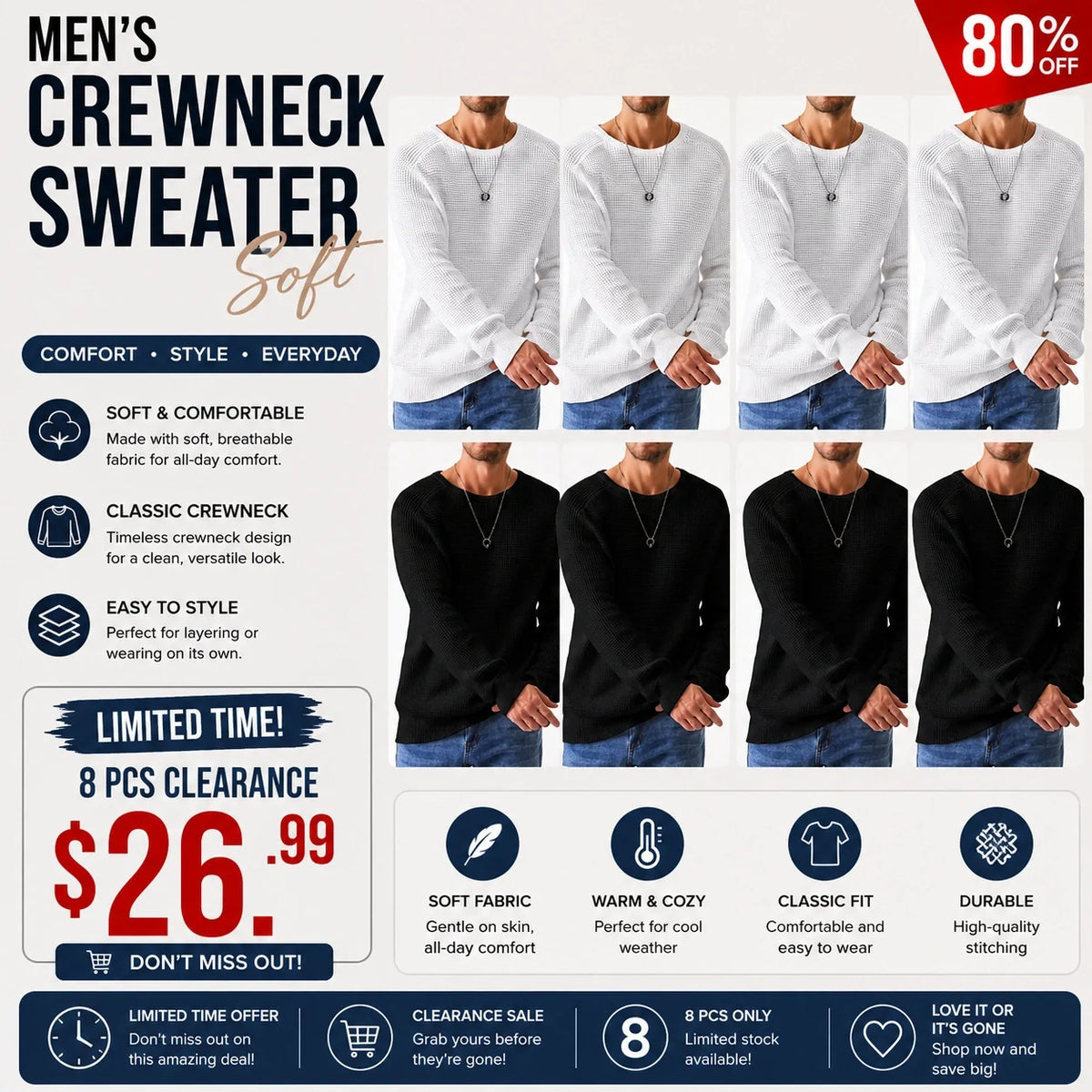 ✨Limited-Time Offer🎁Men's Crewneck Sweater Soft Casual Sweaters Classic Long Sleeve Pullover Sweaters with Ribbing Edge