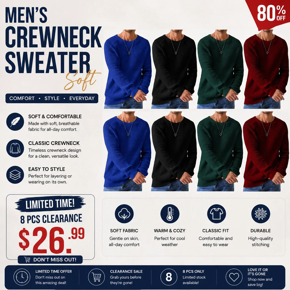 ✨Limited-Time Offer🎁Men's Crewneck Sweater Soft Casual Sweaters Classic Long Sleeve Pullover Sweaters with Ribbing Edge