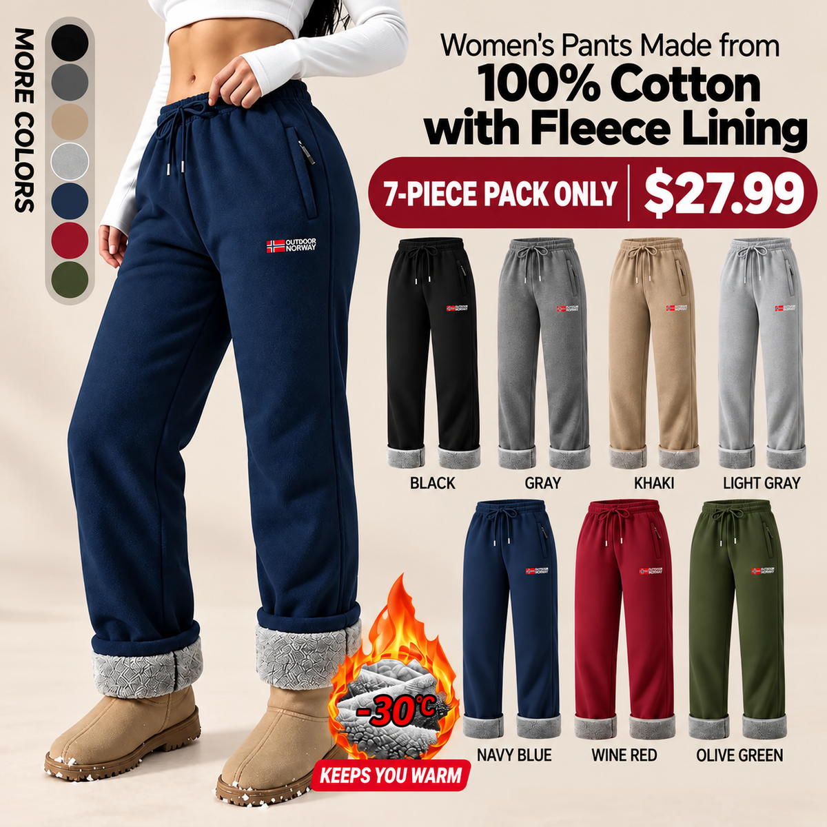 Women's thermal trousers made of 100% cotton with a warm fleece lining