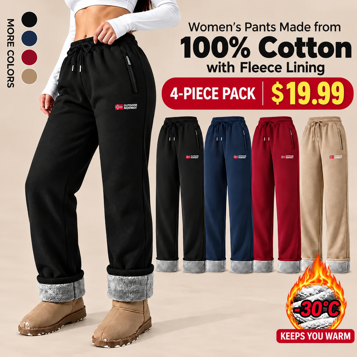 Women's thermal trousers made of 100% cotton with a warm fleece lining