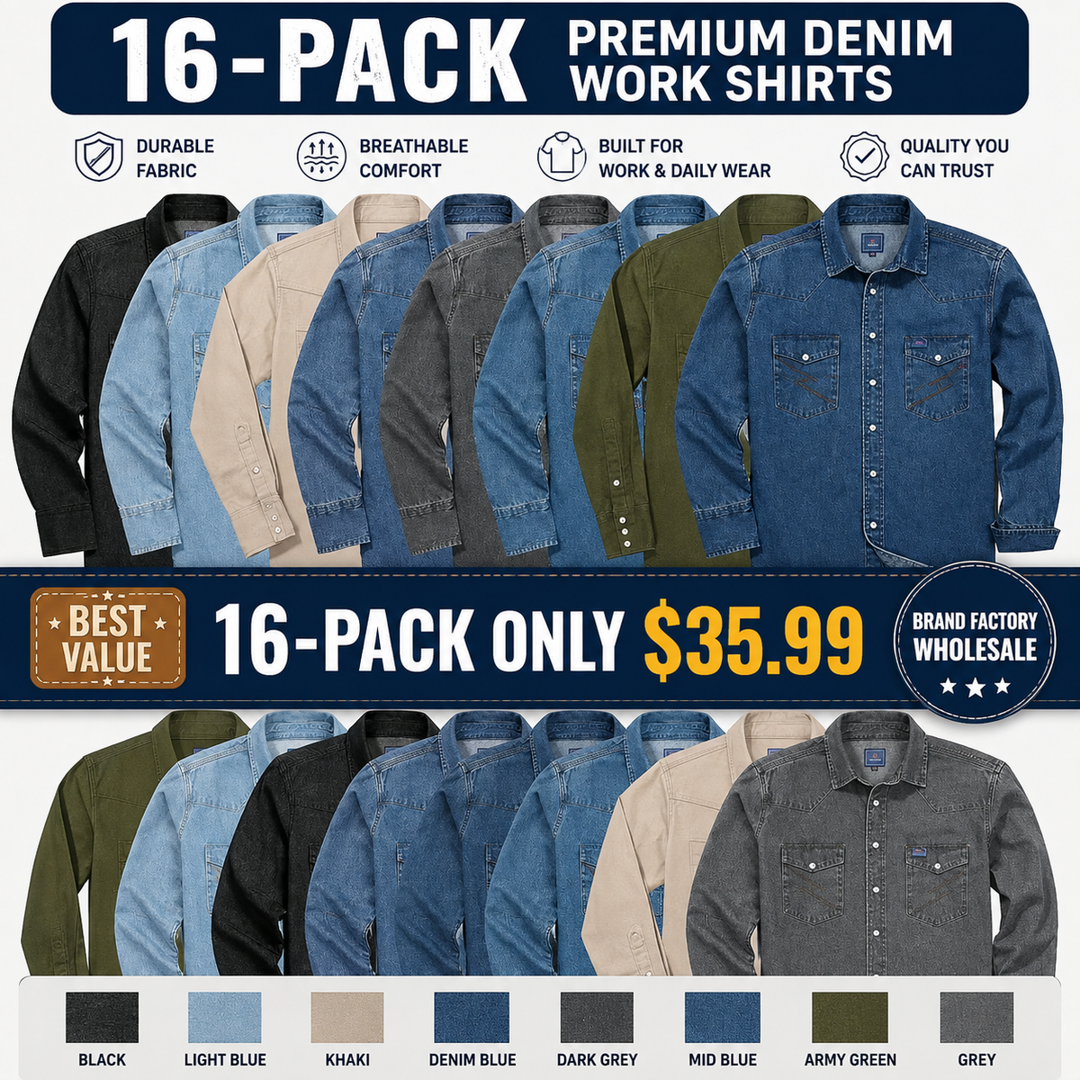 Men's Long Sleeve Stone-Washed and Pre-Washed Denim Work Shirt