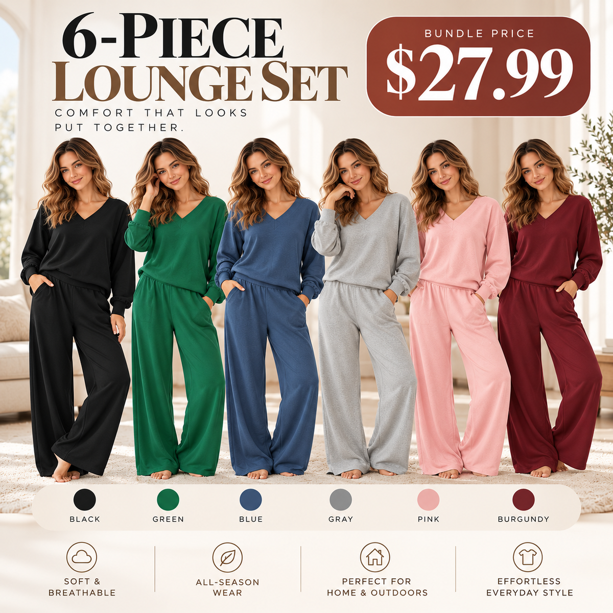 💚Cozy V Shape Lounge Set with Wide Pants