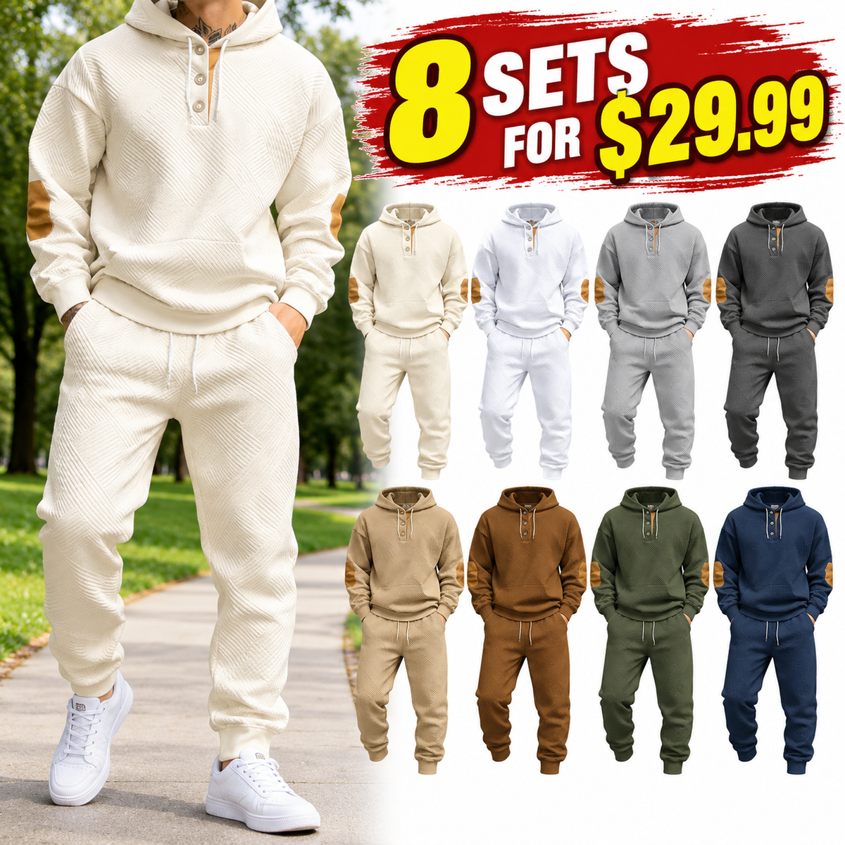 Men's Textured Knit Henley Hoodie & Jogger Two-Piece Set