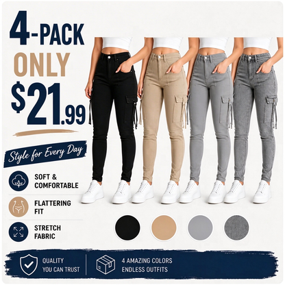 🔥MID YEAR SALE🔥Women's Plain Multi-pocket Denim Elastic Slim Fit Button Cargo Denim Pants