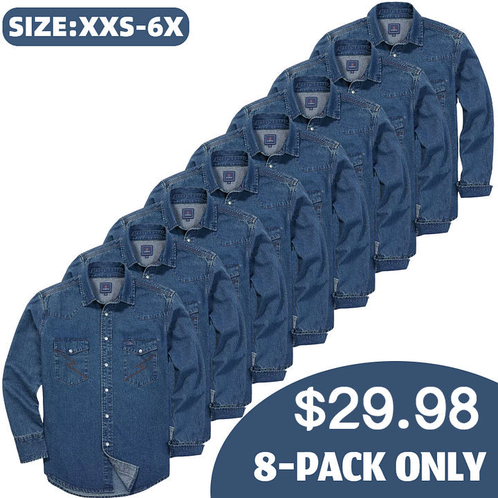 Men's Long Sleeve Stone-Washed and Pre-Washed Denim Work Shirt