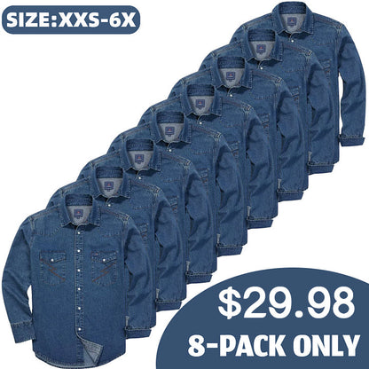 Men's Long Sleeve Stone-Washed and Pre-Washed Denim Work Shirt