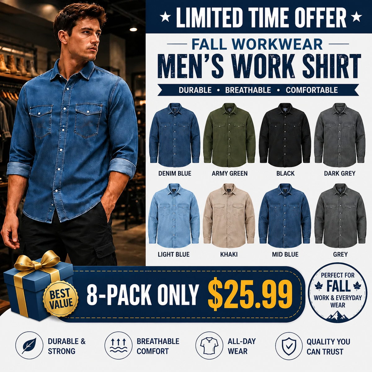 Men's Long Sleeve Stone-Washed and Pre-Washed Denim Work Shirt